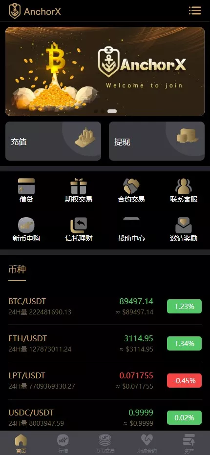 【AnchorX交易所】多语言交易所+币币交易+期权合约+永续合约+新币申购+矿机理财+C2C+前端UNIAPP